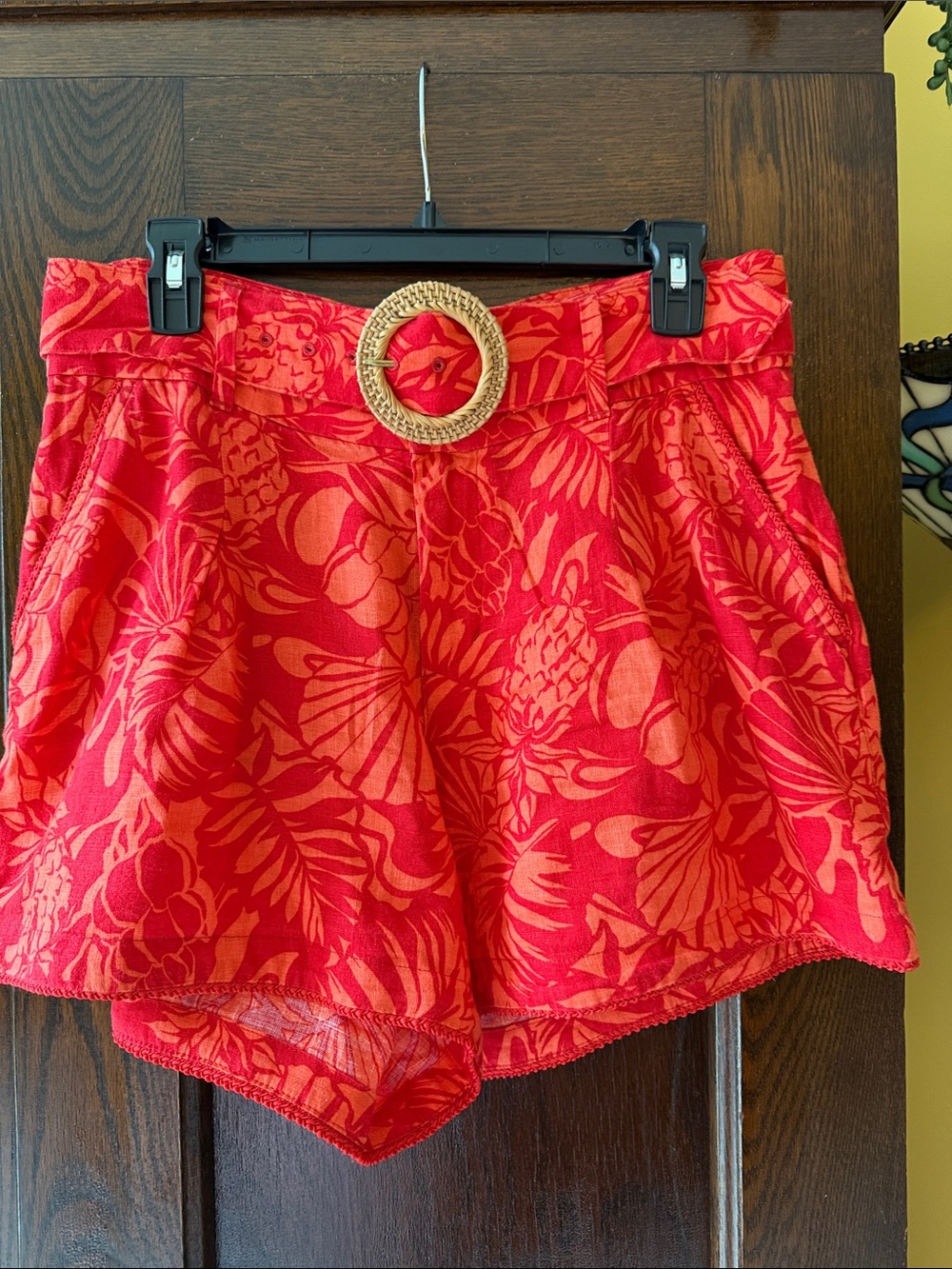 Nicole Miller Red Orange 100% Linen Tropical 4” Shorts with Matching Belt